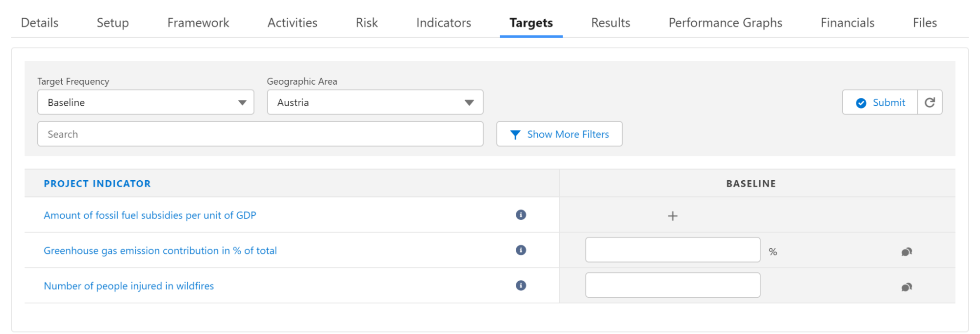 Enter Baselines for Indicators